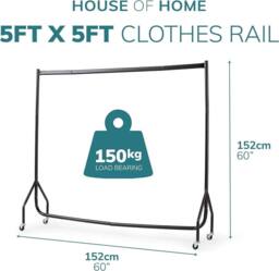 House of Home 5FT Long 5FT Tall White Clothes Rail Superior Heavy Duty Clothing Rack - thumbnail 3