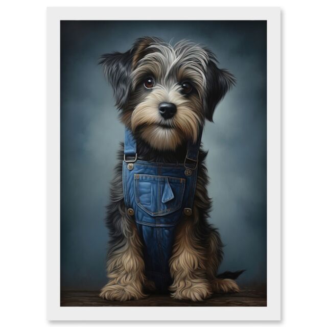 Artery8 Wall Art Print Adorable Snorkie Dog in Blue Jean Dungarees Realistic Artwork Fun Pet Portrait Artwork Framed A4 in White - image 1