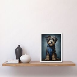 Artery8 Wall Art Print Adorable Snorkie Dog in Blue Jean Dungarees Realistic Artwork Fun Pet Portrait Artwork Framed A4 in White - thumbnail 2