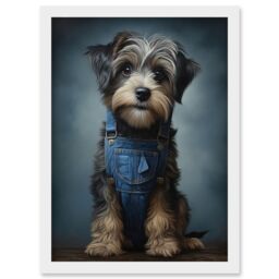 Artery8 Wall Art Print Adorable Snorkie Dog in Blue Jean Dungarees Realistic Artwork Fun Pet Portrait Artwork Framed A4 in White - thumbnail 1