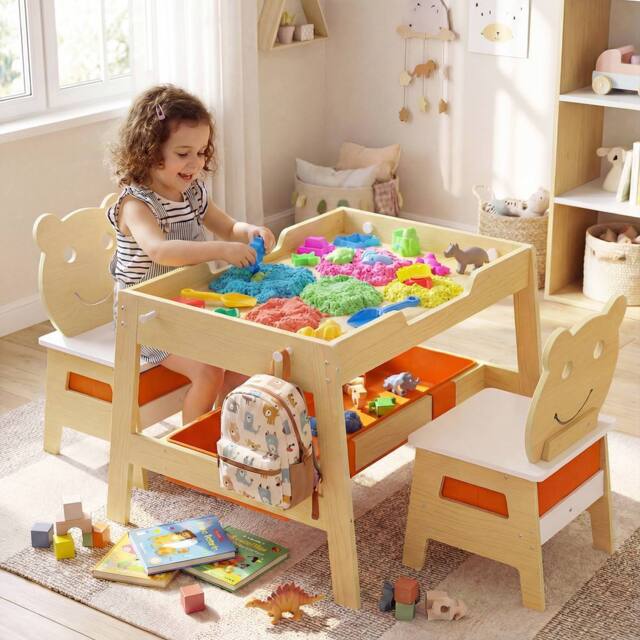CASART Kids Table &2 Chairs Set Wooden Activity Table w/Double-sized Tabletop - Size: 0.6m2 - image 1