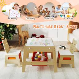 CASART Kids Table &2 Chairs Set Wooden Activity Table w/Double-sized Tabletop - Size: 0.6m2 - thumbnail 3