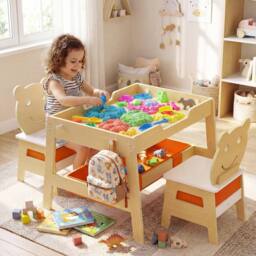 CASART Kids Table &2 Chairs Set Wooden Activity Table w/Double-sized Tabletop - Size: 0.6m2