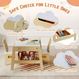 CASART Kids Table &2 Chairs Set Wooden Activity Table w/Double-sized Tabletop - Size: 0.6m2 - thumbnail 6