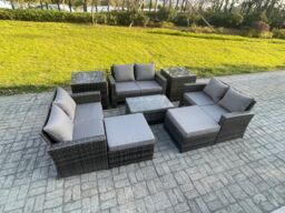 Fimous 8 pc Rattan Sofa Garden Furniture Outdoor Patio Set with 2 Side Tables 2 Big Footstool Love Seat Sofa Dark Grey Mixed - thumbnail 2