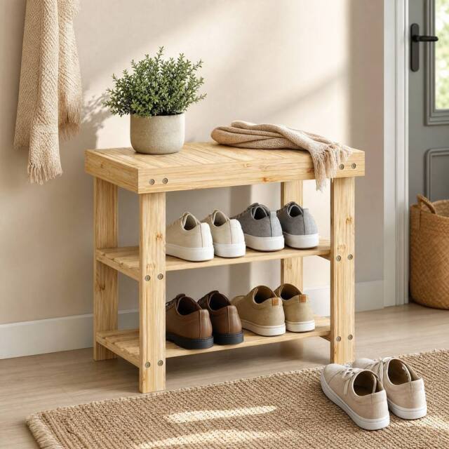 STILVORA Shoe Storage Bench with Two Shelves in Natural Bamboo - image 1