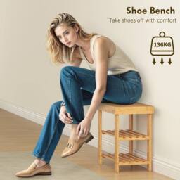 STILVORA Shoe Storage Bench with Two Shelves in Natural Bamboo - thumbnail 7