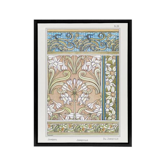 "Artery8 Daffodil Nouveau Framed Canvas Wall Art Print Vintage Floral Verneuil in Green - Size: W12"" x H16""" - image 1