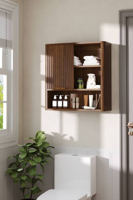 Living and Home Wall-Mounted Wooden Bathroom Cabinet with Sliding Door in Walnut - image 1