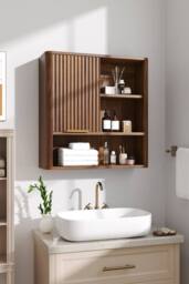Living and Home Wall-Mounted Wooden Bathroom Cabinet with Sliding Door in Walnut - thumbnail 2