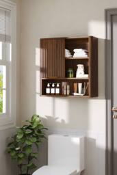 Living and Home Wall-Mounted Wooden Bathroom Cabinet with Sliding Door in Walnut - thumbnail 1