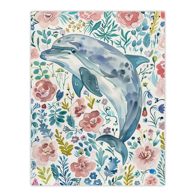 "Artery8 Dolphin with Wildflowers Pink Blue Watercolour Wall Art Print - Size: W24"" x H32""" - image 1