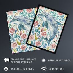 "Artery8 Dolphin with Wildflowers Pink Blue Watercolour Wall Art Print - Size: W24"" x H32""" - thumbnail 2
