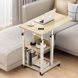 Living and Home 3-tier Height Adjustable Mobile Table Overbed Desk with Wheels in Beige - thumbnail 5