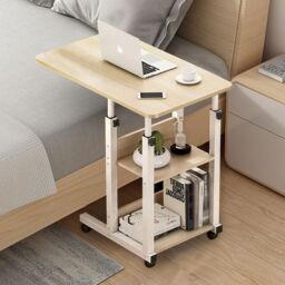 Living and Home 3-tier Height Adjustable Mobile Table Overbed Desk with Wheels in Beige - thumbnail 1