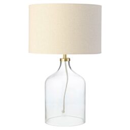 Happy Homewares Contemporary Elegant Table Lamp with Clear Glass Base & Oatmeal Linen Shade