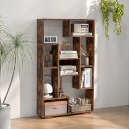 Costway Modern Geometric Bookcase Book Storage Organizer Shelf 120cm Tall Bookshelf in Brown - thumbnail 3