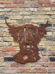 Inspirational Gifting Rustic Highland Cow Steel Metal Garden Wall Art Plaque in Brown