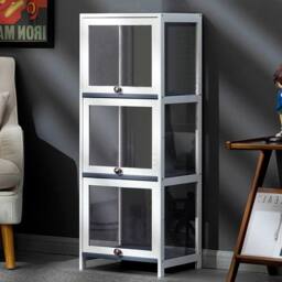 ERGOVEXA 3-Tier Display Case Bamboo Figure Model Collection Shelf Storage in White - thumbnail 3