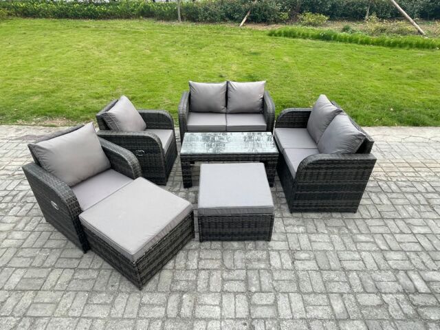 Fimous 8 Seater Rattan Wicker Garden Furniture Patio Conservatory Sofa Set with Rectangular Coffee Table Reclining Chair Love Sofa 2 Big Footstool - image 1