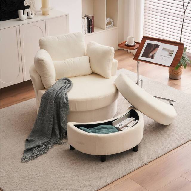 Direct Wicker Chenille Swivel Armchair with Cushion Pillow Ottoman Crescent Stool in Ivory - Size: 1 Pack - image 1