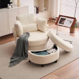 Direct Wicker Chenille Swivel Armchair with Cushion Pillow Ottoman Crescent Stool in Ivory - Size: 1 Pack - thumbnail 1