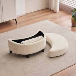 Direct Wicker Chenille Swivel Armchair with Cushion Pillow Ottoman Crescent Stool in Ivory - Size: 1 Pack - thumbnail 4