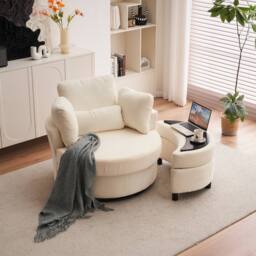 Direct Wicker Chenille Swivel Armchair with Cushion Pillow Ottoman Crescent Stool in Ivory - Size: 1 Pack - thumbnail 2