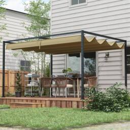 OUTSUNNY Metal Pergola Gazebo Patio Sunshelter Retractable Canopy in Khaki - thumbnail 2
