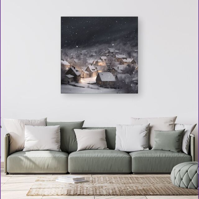 Warren Reed - Designer Snowfall Over A Quiet Village Canvas - Size: w40 inch x h40 inch - image 1