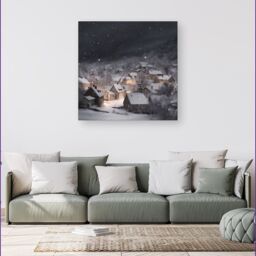 Warren Reed - Designer Snowfall Over A Quiet Village Canvas - Size: w40 inch x h40 inch - thumbnail 1