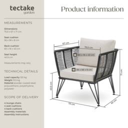tectake Garden Chair Sundo - thick seat cushions, removable cushion covers in Dark Grey - Size: 4 Person - thumbnail 6