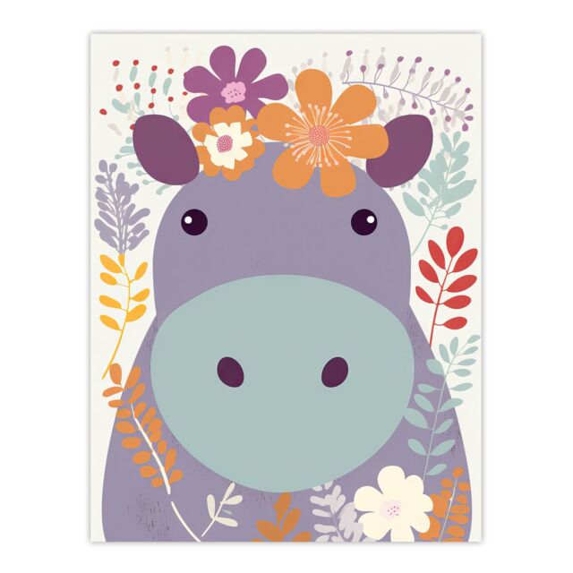 Artery8 Wall Art Print My Name Is Harriet Cute Hippo w/ Flowers Pastel Colour Graphic Artwork Purple Orange Kids Bedroom Zoo Animal Floral Painting - image 1