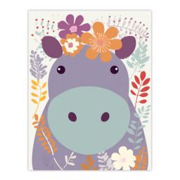 Artery8 Wall Art Print My Name Is Harriet Cute Hippo w/ Flowers Pastel Colour Graphic Artwork Purple Orange Kids Bedroom Zoo Animal Floral Painting - thumbnail 1