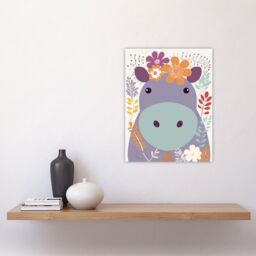 Artery8 Wall Art Print My Name Is Harriet Cute Hippo w/ Flowers Pastel Colour Graphic Artwork Purple Orange Kids Bedroom Zoo Animal Floral Painting - thumbnail 4