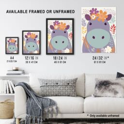 Artery8 Wall Art Print My Name Is Harriet Cute Hippo w/ Flowers Pastel Colour Graphic Artwork Purple Orange Kids Bedroom Zoo Animal Floral Painting - thumbnail 3