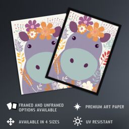 Artery8 Wall Art Print My Name Is Harriet Cute Hippo w/ Flowers Pastel Colour Graphic Artwork Purple Orange Kids Bedroom Zoo Animal Floral Painting - thumbnail 2