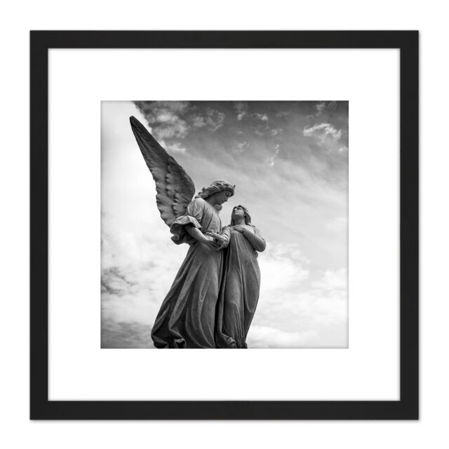 Artery8 Angel Statues Black White Photo 8X8 Inch Square Wooden Framed Wall Art Print Picture with Mount - image 1