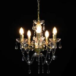 Berkfield Home Elegant Chandelier with Crystal Beads Golden Round 5 x E14 in Gold - thumbnail 4