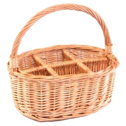 Red Hamper Wicker Oval Glass or Cutlery Drinks Basket 6 Partition in Brown