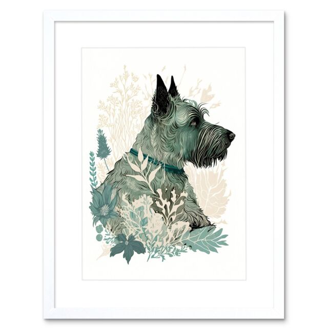 "Artery8 Wall Art Print Scottish Terrier Dog Lying in Flower Field Modern Teal Tan Artwork Framed 9X7 Inch in White - Size: W7"" x H9""" - image 1