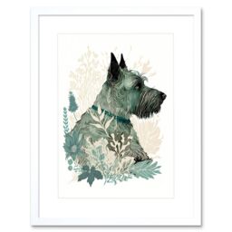 "Artery8 Wall Art Print Scottish Terrier Dog Lying in Flower Field Modern Teal Tan Artwork Framed 9X7 Inch in White - Size: W7"" x H9""" - thumbnail 1