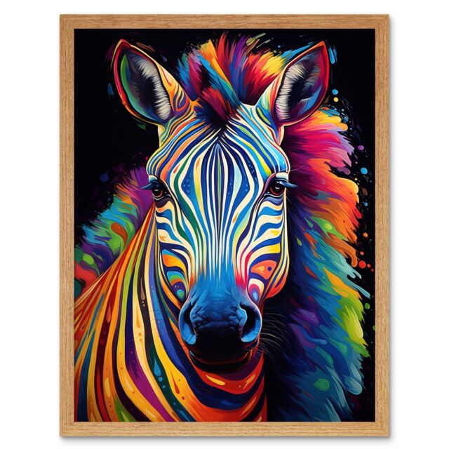 "Artery8 Wall Art Print Rainbow Striped Zebra Colourful Vibrant Bold Psychedelic Neon Impact Artwork Art Framed in Light Oak - Size: W12"" x H16""" - image 1