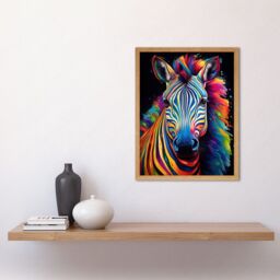 "Artery8 Wall Art Print Rainbow Striped Zebra Colourful Vibrant Bold Psychedelic Neon Impact Artwork Art Framed in Light Oak - Size: W12"" x H16""" - thumbnail 2