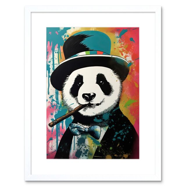 "Artery8 Wall Art Print Panda Bear Wearing Blue Top Hat Suit Smoking Cigar Artwork Framed 9X7 Inch in White - Size: W7"" x H9""" - image 1
