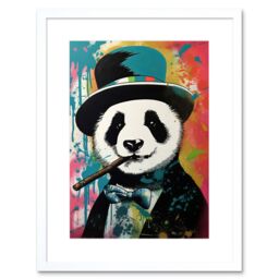 "Artery8 Wall Art Print Panda Bear Wearing Blue Top Hat Suit Smoking Cigar Artwork Framed 9X7 Inch in White - Size: W7"" x H9""" - thumbnail 1