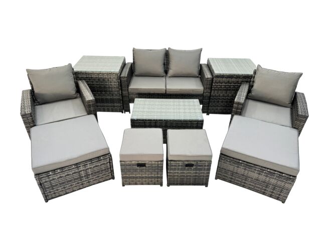 Fimous 8 Seater Wicker PE Rattan Furniture Outdoor 4 Stools 2 Side Tables Set in Dark Grey