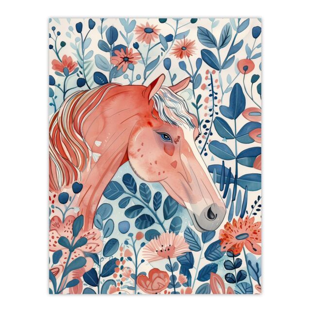 "Artery8 Horse in Flower Field Pink Blue Watercolour Wall Art Print - Size: W12"" x H16""" - image 1