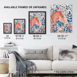 "Artery8 Horse in Flower Field Pink Blue Watercolour Wall Art Print - Size: W12"" x H16""" - thumbnail 3