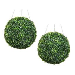 Primrose Artificial Topiary Boxwood Ball With Chain 28cm x2 Pair in Green - thumbnail 1